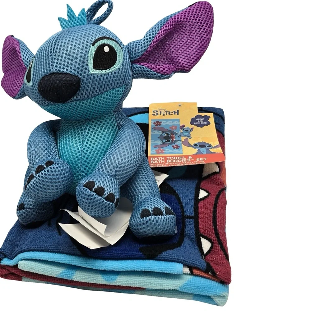 Disney Stitch Bath Towel & Bath‎ Buddies Set Plush Toy Blue Kids